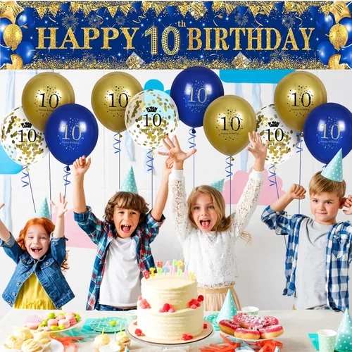 Miniatura 6 de Decoraciones de cumpleaños número 10 para niños pequeños, niños y niñas, azul marino y dorado, pancarta de fiesta de feliz cumpleaños de 18 piezas