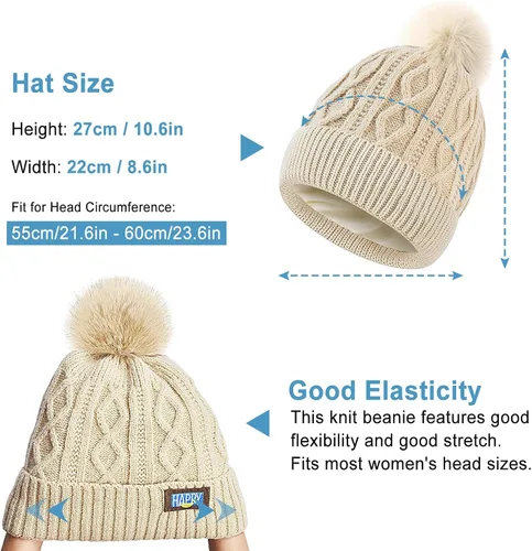 Miniatura 5 de LBTING Gorro de invierno para mujer, cálido forro polar de punto suave con pompón para clima frío