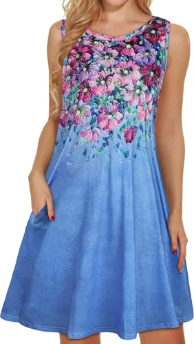 Miniatura 44 de elescat Vestidos de verano para mujer 2025, vestido casual de playa sin mangas con estampado floral, tipo camiseta, suelto y con bolsillos