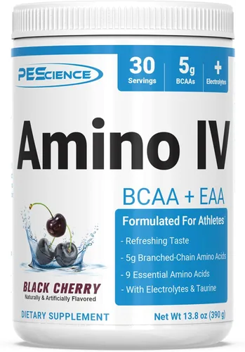PEScience Amino IV BCAA y EAA en polvo, aminoácidos esenciales, taurina, electrolitos para hidratación y recuperación muscular, sin azúcar para