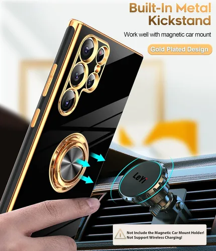 Miniatura 5 de LeYi Funda para Samsung Galaxy S22 Ultra con soporte de anillo giratorio de 360°, soporte magnético, chapado en oro rosa, borde protector para Negro