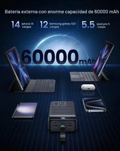 Miniatura 2 de Cargador Portátil 60000mAh Banco de Energía - Carga Rápida 22.5W Paquete de Batería Externa, Pantalla LED USB C Cargador de Teléfono Celular