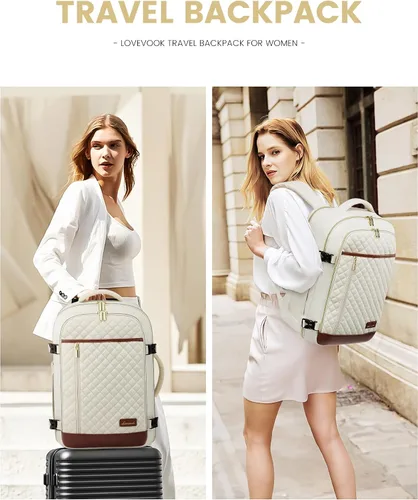 Miniatura 6 de LOVEVOOK - Mochila para laptop con bolso para mujer, mochila de viaje de moda, aprobada por aerolíneas, Beige, Mochilas de viaje