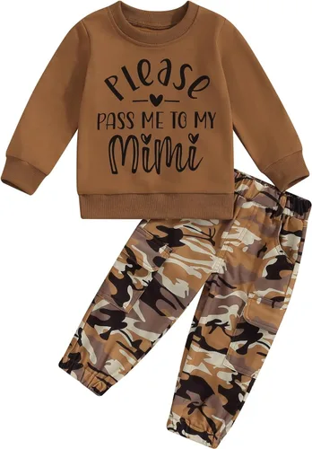 Miniatura 110 de Mandizy Conjunto de ropa de otoño para bebé niña pequeña, sudadera de manga larga con estampado de letras bendecidas, pantalones de camuflaje