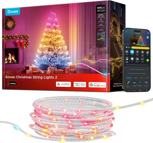 Miniatura 11 de Luces Navideñas Govee Christmas Lights 2, Luces de Cadena Navideñas RGBWIC de 99 Pies con 300 LEDs con Función de Mapeo de Formas, Decoración LED