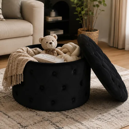 Miniatura 4 de Homebeez Otomana redonda de terciopelo de 24.8 pulgadas, reposapiés con botones copetudos, mesa de centro para sala de estar, color negro