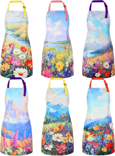 Bencailor 6 delantales de cocina de primavera con bolsillos, diseño de gallo, abeja, mariposa, girasol, delantales de verano a granel para mujeres