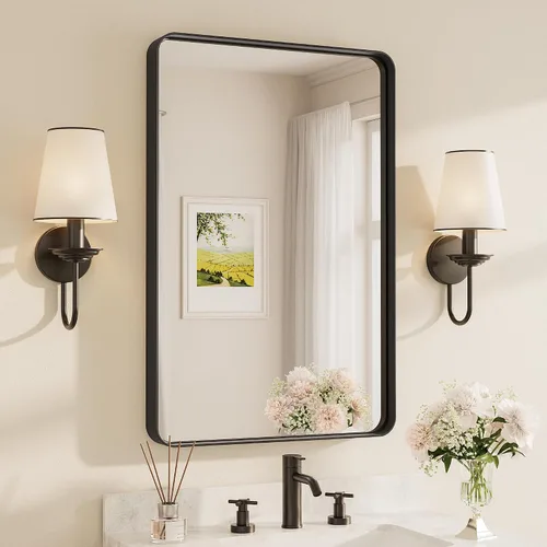 Miniatura 34 de TETOTE Espejo de marco dorado cepillado de 16 x 24 pulgadas, espejo de tocador de baño de latón dorado para pared, espejo enmarcado rectangular