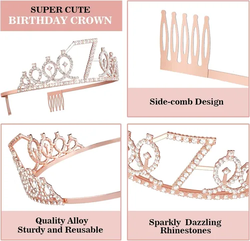 Miniatura 4 de Decoraciones de 7º cumpleaños para niña con banda y tiara, vela numérica y adorno para pastel, suministros de fiesta de oro rosa para niñas de 7 años