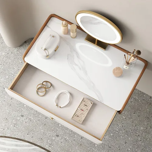 Miniatura 5 de Mesa de tocador de maquillaje montada en la pared con espejo iluminado, estante de almacenamiento de escritorio de maquillaje con cajones y taburete