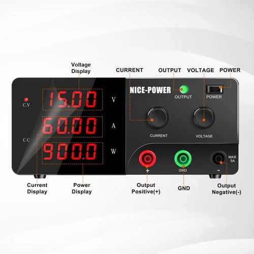 Miniatura 2 de NICE-POWER Fuente de alimentación de CC variable, fuente de alimentación de banco de alta potencia de 15V 60A 900W con perilla de codificador