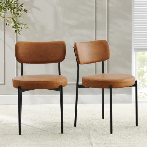 Miniatura 2 de Juego de 6 sillas de comedor marrones con respaldo curvo, sillas de comedor de cuero con asiento de cojín suave de poliuretano y patas de metal