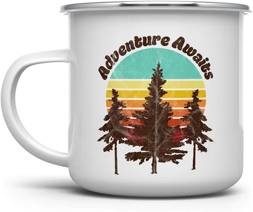 Adventure Awaits - Taza de café esmaltada retro, para entusiastas del aire libre, camping, taza de café, montaña, naturaleza, senderismo,