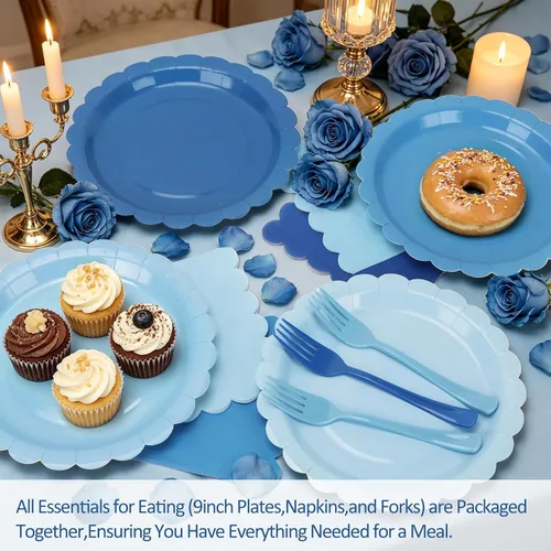Miniatura 2 de Platos y servilletas de papel azul, incluye 24 platos azules degradados de 9 pulgadas, servilletas, tenedores, suministros de fiesta