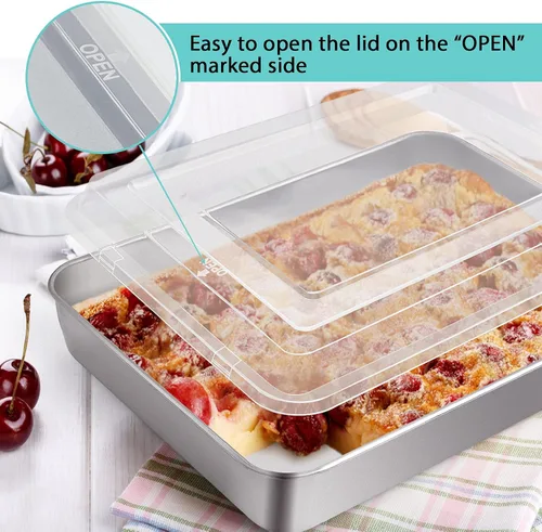 Miniatura 3 de P&P CHEF - Molde de acero inoxidable con tapa, moldes rectangulares para pastel, bandeja para hornear para lasaña y brownies, lado profundo de 2