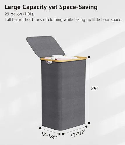 Miniatura 5 de SUOCO Cesta de lavandería con tapa, cesta de ropa de 29 galones (110 litros) con asas de bambú, cesta grande plegable para la ropa sucia para Gris