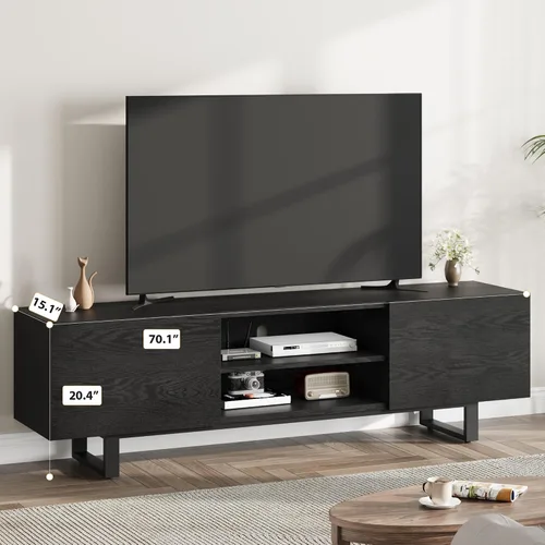 Miniatura 5 de Moderno soporte de TV para TV de 65/75/80 pulgadas, centro de entretenimiento negro de 70 pulgadas con 2 cajones y estantes abiertos, gabinete