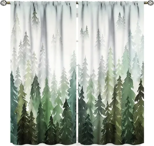 Miniatura 20 de Cortina de árbol de bosque verde, pino, coníferas, bosque, acuarela, oscurecimiento de habitación, ventana, bolsillo para barra, cortina