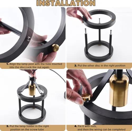 Miniatura 7 de MO&OK Juego de lámparas de araña de 3 luces vintage, lámparas colgantes de metal y madera estilo granja en negro, iluminación colgante de estructura