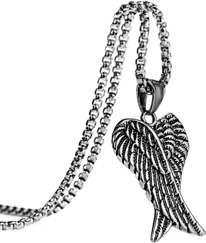 Miniatura 2 de Herinos Cadena de collar con colgante de acero inoxidable para hombres y mujeres, diseño de alas retro con diseño de calavera de plumas cruzadas