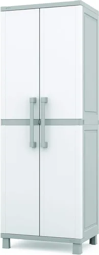 Keter - Armario de almacenamiento con puertas y estantes para la lavandería, garaje, accesorios de baño, armario y organización del hogar, blanco y
