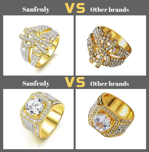 Miniatura 6 de Sanfenly Anillo helado para hombre, chapado en oro de 14 quilates, anillo meñique con diamantes de alta calidad, con circonita cúbica, signo