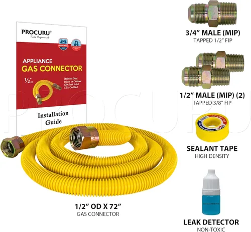 Miniatura 2 de PROCURU Kit de conector de gas flexible universal de 1/2 pulgada de diámetro exterior x 72 pulgadas (6 pies), tubo de suministro de gas de acero