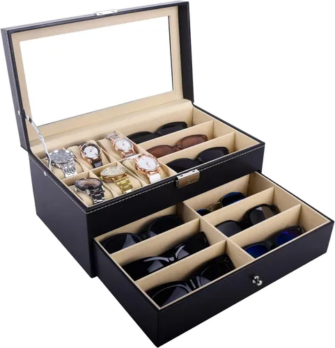Autoark Caja de joyería de cuero para 6 relojes y 9 piezas de almacenamiento para lentes y lentes de sol organizador de caja con bloqueo negro AW-048
