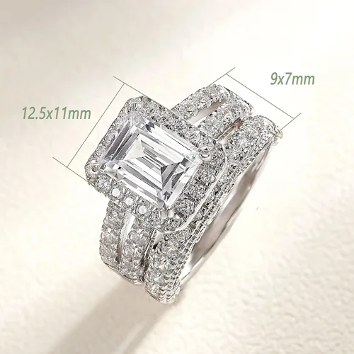 Miniatura 6 de Wuziwen Juego de anillos de compromiso de plata de ley de 4 quilates con corte esmeralda para mujer, talla 5-10