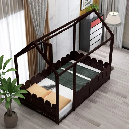 Miniatura 3 de Marco de cama para niños, marco de cama en forma de casa, cama de madera de tamaño individual con valla para niños, adolescentes, niñas, niños