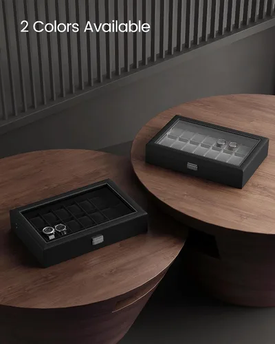 Miniatura 21 de SONGMICS 24 organizador y exhibidor negro de calidad superior, de vidrio, con funda para reloj, de piel sintética UJWB024
