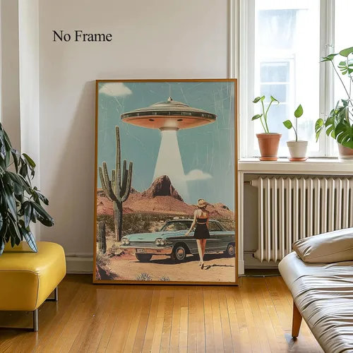 Miniatura 6 de Lienzo de paisaje del desierto para pared, póster de platillo volador, imagen retro de los años 70, estilo de los años 70, arte de pared vintage
