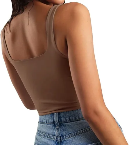 Miniatura 2 de Artfish - Camiseta corta casual y básica con tirantes delgados y cuello cuadrado, sin mangas, de doble capa, ombliguera para entrenamiento