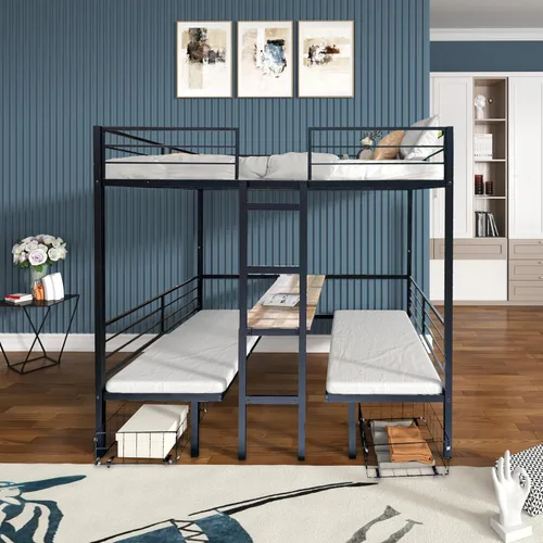 Miniatura 2 de KEIKI Cama tipo loft de tamaño matrimonial con escritorio integrado y dos cajones de almacenamiento, base de cama de metal con mesa y diseño