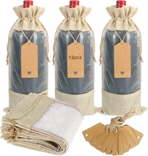 Miniatura 8 de Bolsas de vino de yute, 10 bolsas de arpillera roja para botellas de 25.4 fl oz con ventana transparente, bolsas de regalo de organza con cordón