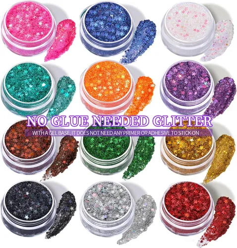 Miniatura 7 de Teenitor Juego de gel con purpurina para la cara, sin pegamento, purpurina corporal para maquillaje, para rostro, cuerpo, cabello, total de 4.23