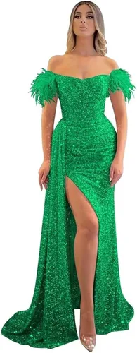 Miniatura 33 de Vestidos de fiesta de lentejuelas con hombros descubiertos, vestido formal de sirena brillante, vestido largo de fiesta de noche con abertura