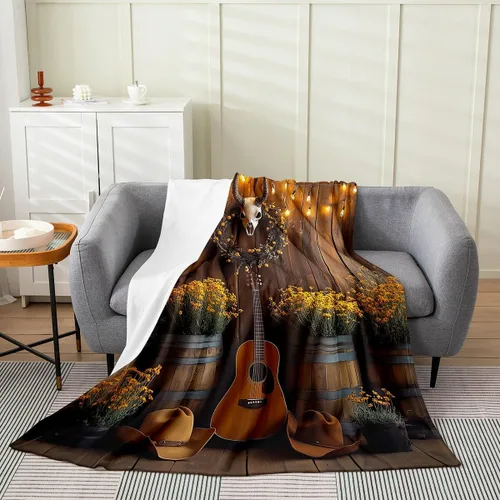 Miniatura 11 de Castle Fairy Manta de forro polar con botas de vaquero, manta de guitarra musical bohemia para niños y niños, manta de vaquera rústica occidental