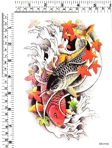 Miniatura 2 de GS912 Tatuaje 8.2 x 5.7 pulgadas, pez japonés asiático de carpa Koi, tatuajes grandes, calcomanías temporales 3D, estilo tribu china de la vieja