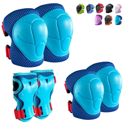 Miniatura 14 de Rodilleras para niños, rodilleras y coderas, conjunto de equipo de protección para niños y niñas con protectores de muñeca 3 en 1 para patinaje, Azul