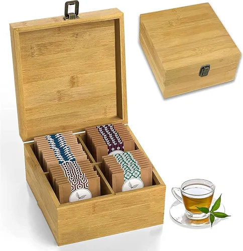 Miniatura 21 de Caja Organizadora de Té de Bambú Libre de Químicos Ecológica Grande, Alta, Compartimentos Ajustables Cofre de Almacenamiento de Madera Natural
