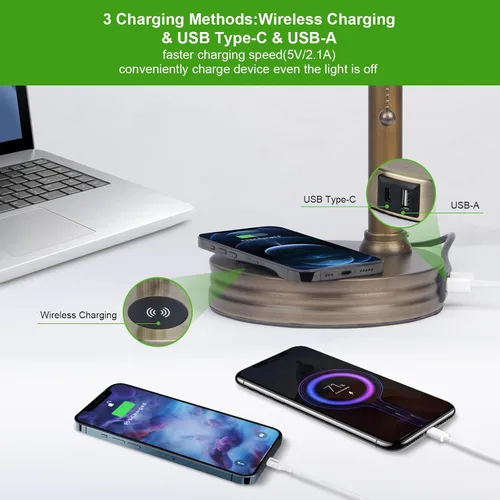 Miniatura 3 de Lámpara de Banco de Vidrio Verde, Lámpara de Escritorio Retro con Puerto de Carga Inalámbrica USB, Lámpara de Mesa con Cadena Clásica, para Mesita
