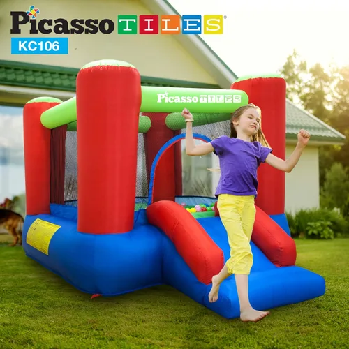 Miniatura 2 de PicassoTiles KC106 Castillo inflable junior de 8x7 pies, parque infantil, casa de rebote y tobogán inflable, casa de juego con tobogán con 50 bolas