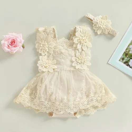 Miniatura 10 de Mubineo Ropa de verano para bebé niña, sin mangas, encaje floral, vestido de mameluco para recién nacido