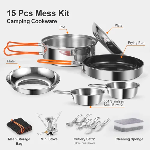 Miniatura 3 de Odoland 10pcs Stainless Steel Camping Cookware Camping Pot and Pan Set with Portable Camping Stove Camping Mess Kit with Plates Bowls Forks Knives