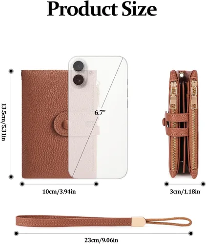 Miniatura 3 de FALAN MULE Cartera pequeña de cuero para mujer, con bloqueo RFID, tarjetero plegable con bolsillos dobles con cremallera, Marrón claro