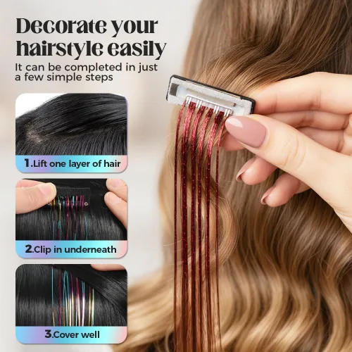 Miniatura 4 de 12 extensiones de cabello de oropel con clip, color champán, extensiones de cabello de oropel con clip, extensiones de cabello con purpurina