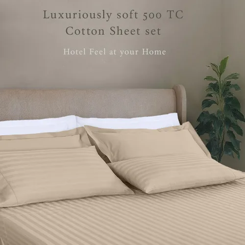 Miniatura 2 de Threadmill Juego de ropa de cama de algodón de lujo de 500 hilos tamaño Queen de 4 piezas, sábanas suaves y sedosas de color beige claro con Rayas