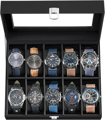 SONGMICS Caja de reloj, caja de reloj de 10 ranuras con tapa de vidrio grande, almohadas extraíbles para reloj, organizador de caja de reloj, regalo