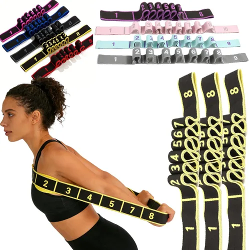 Miniatura 20 de Banda de resistencia de fitness para estiramiento y yoga, banda de resistencia de yoga ajustable de 8 segmentos con asas para brazos, ejercicio
